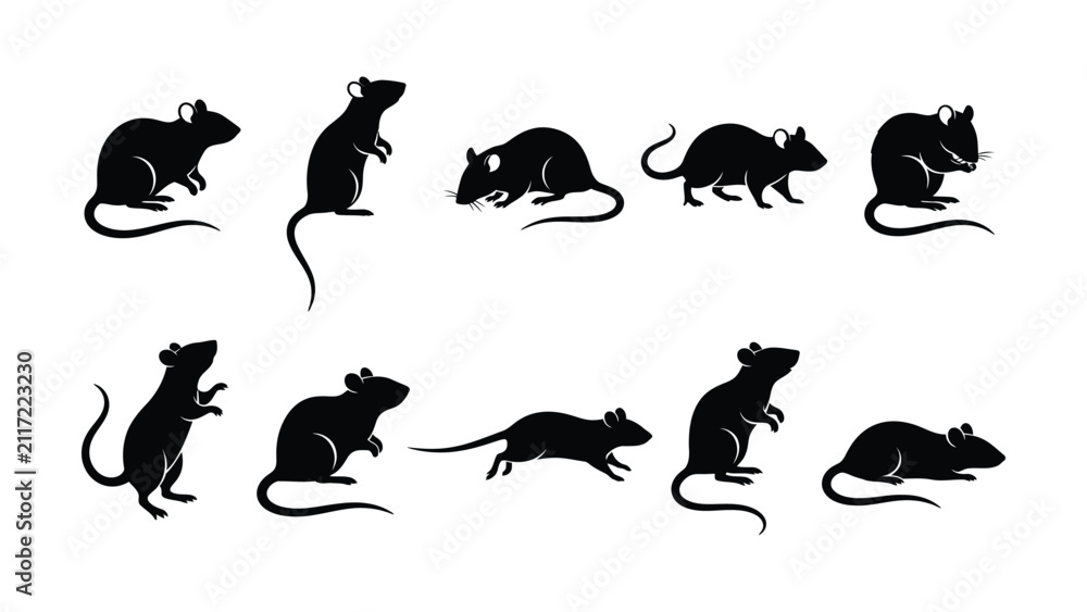 Obraz premium Set of ten black silhouette rodents in various poses on transparent background