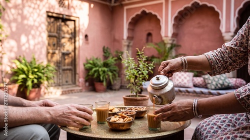 Two people share a tranquil moment over chai and snacks in a sun-drenched courtyard with intricate architecture, evoking a sense of warm hospitality and cultural immersion.