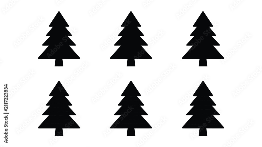 Fototapeta premium Six Simple Black Silhouette Christmas Trees Arranged In Grid Pattern
