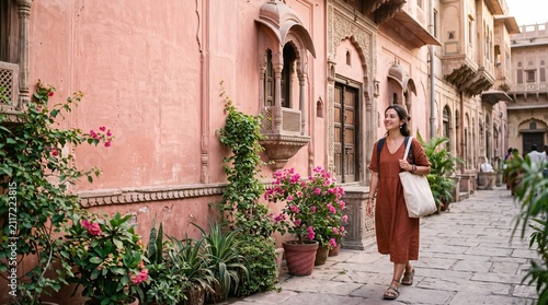 A woman in an orange dress strolls along a cobblestone path lined with potted plants and ancient architecture, exuding a sense of serene exploration and cultural immersion.