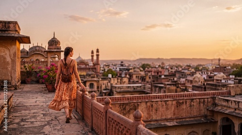 A lone traveler gazes at the expansive cityscape of Jaipur at sunset, a silhouette against the golden sky, walking along an ancient terracotta balcony.