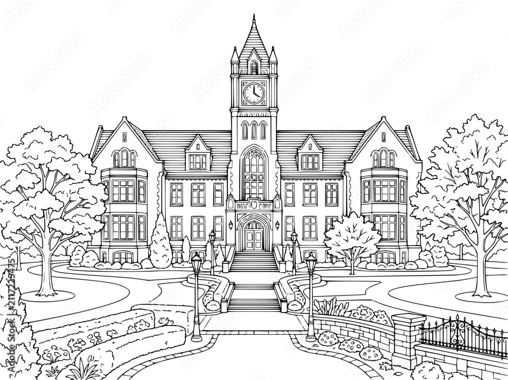 Fototapeta premium Collegiate Gothic University Campus Architecture Coloring Book Page Illustration