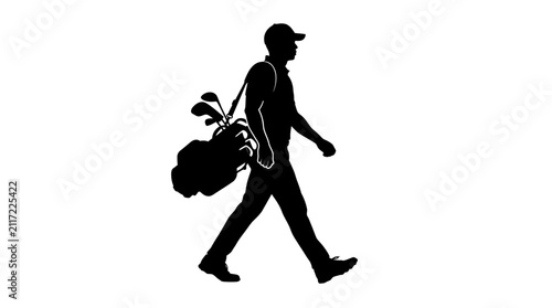 Golfer silhouette walking with golf bag, male player carrying clubs on shoulder vector, professional golf athlete side view isolated on white