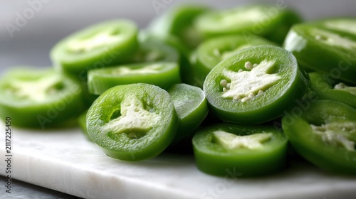A white cutting board with sliced jalapenos on it.
