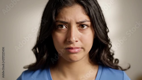 A young thoughtful woman with long dark wavy hair stares intensely at the camera while wearing a blue shirt as she experiences a moment of curious contemplation regarding her current life path