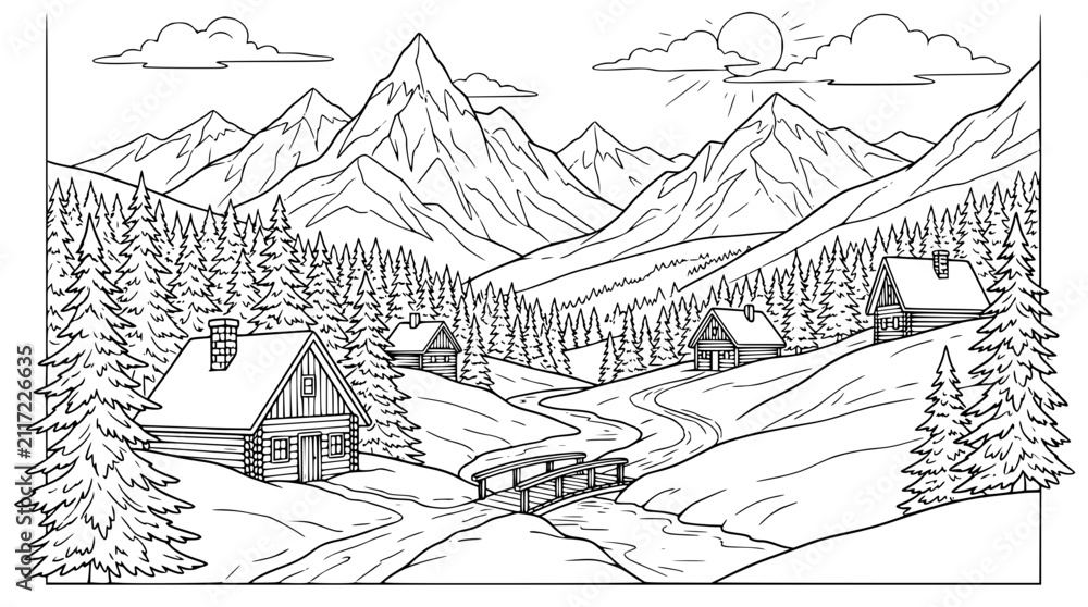 Fototapeta premium Scenic Mountain Village Landscape with Log Cabins and River Coloring Page