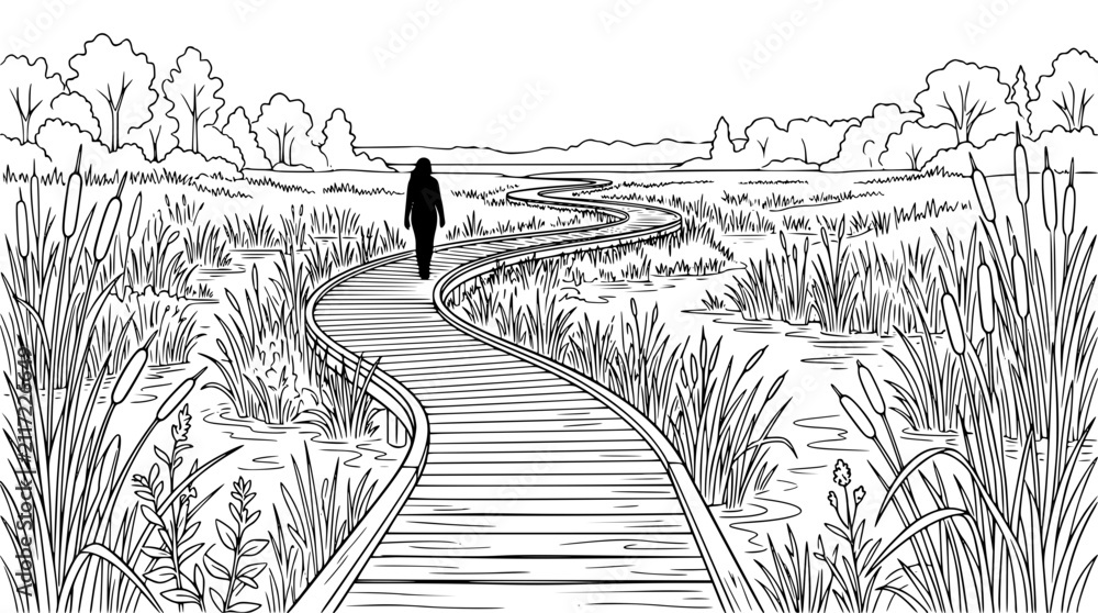 Fototapeta premium Person Walking on Winding Boardwalk Through Marsh Line Art