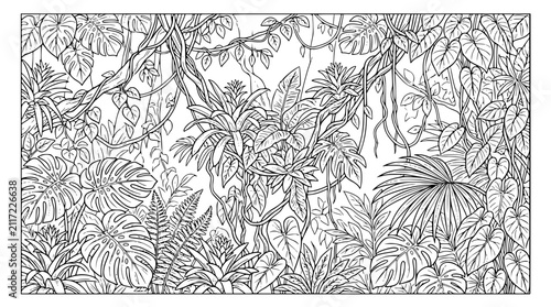 Detailed Tropical Rainforest Plants and Leaves Coloring Page Line Art