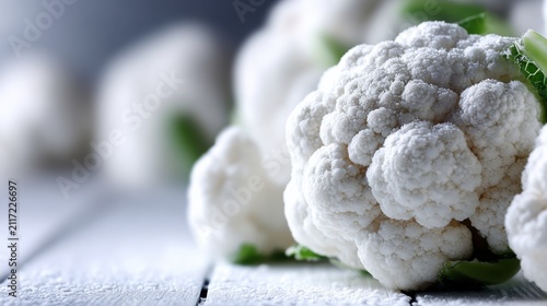 The image features a close-up of a fresh head of cauliflower, with its white florets and green leaves visible against a blurred background.