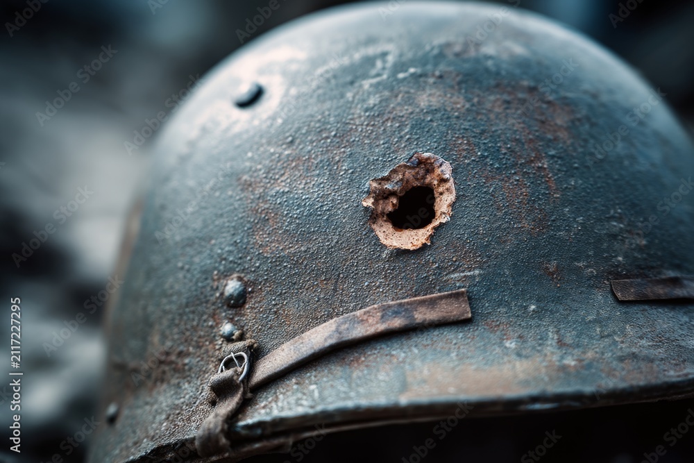 Obraz premium Close-up of an old military helmet featuring a prominent bullet hole symbolizing battle and resilience in war. A striking image depicting history and loss. Generative AI