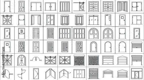 doors and windows CAD blocks vector set. Architectural floor plan symbols, window and door details, elevations, AutoCAD drafting, building design, and construction drawings