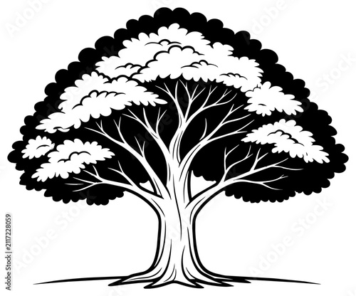 Large Tree Black Stylized Vector Illustration with Textured Trunk and Layered Leafy Canopy