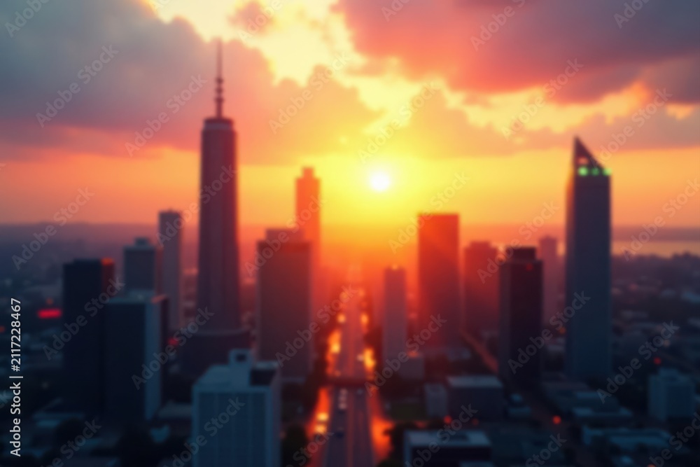 Fototapeta premium Blurred sunrise illuminating high-rises, sun rays, blurred, high angle, sunbeams