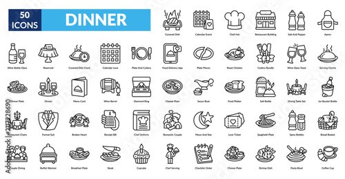 Dinner Line Icon Set. Dinner, Dining, Restaurant, Food, Cuisine, Chef, Kitchen