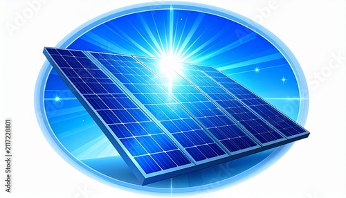 Blue clean energy solar panel icon with radiating symbols, representing renewable energy generation, isolated on a white background.