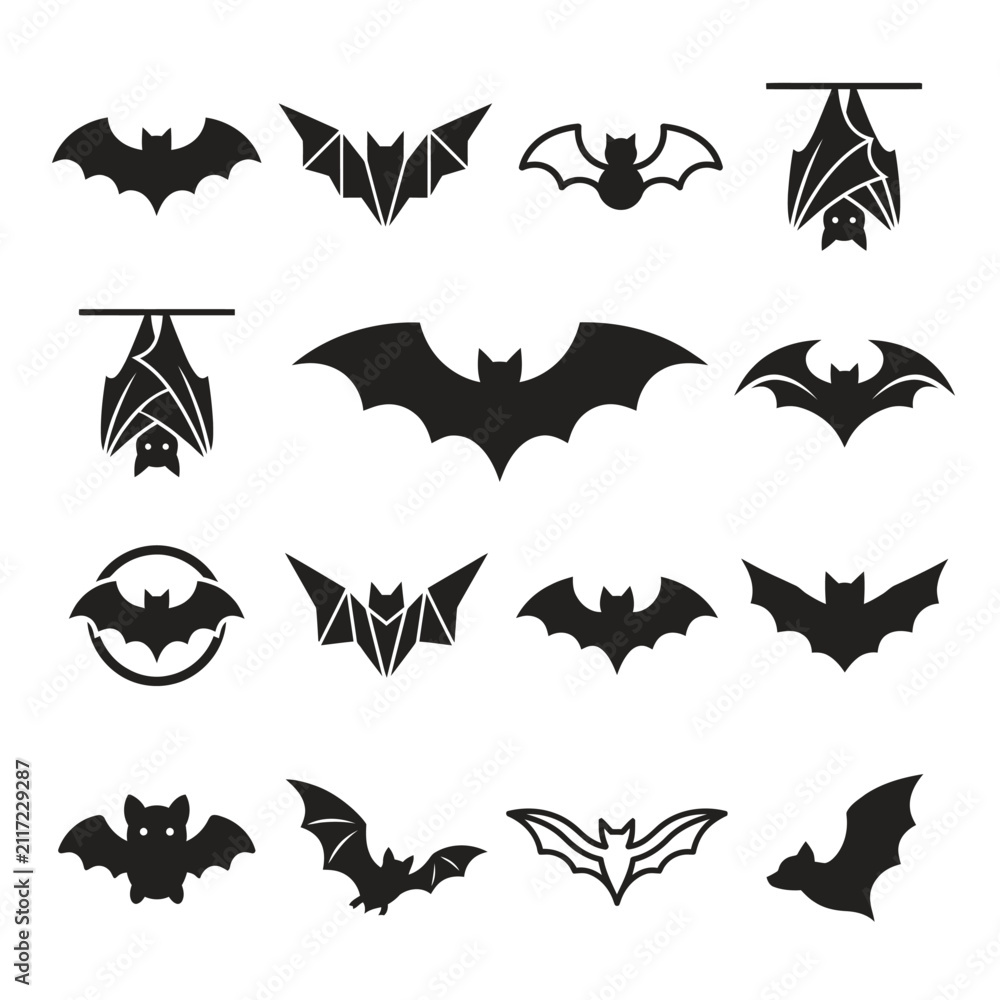 Fototapeta premium Fifteen distinct black bat icons are presented on a white background, featuring various stylized shapes for both flying and hanging poses.
