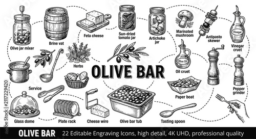 Black and white engraving style illustration of a gourmet olive bar set with vintage icons including olive jars, feta cheese, oil cruets, brine vat, and antipasto skewers.