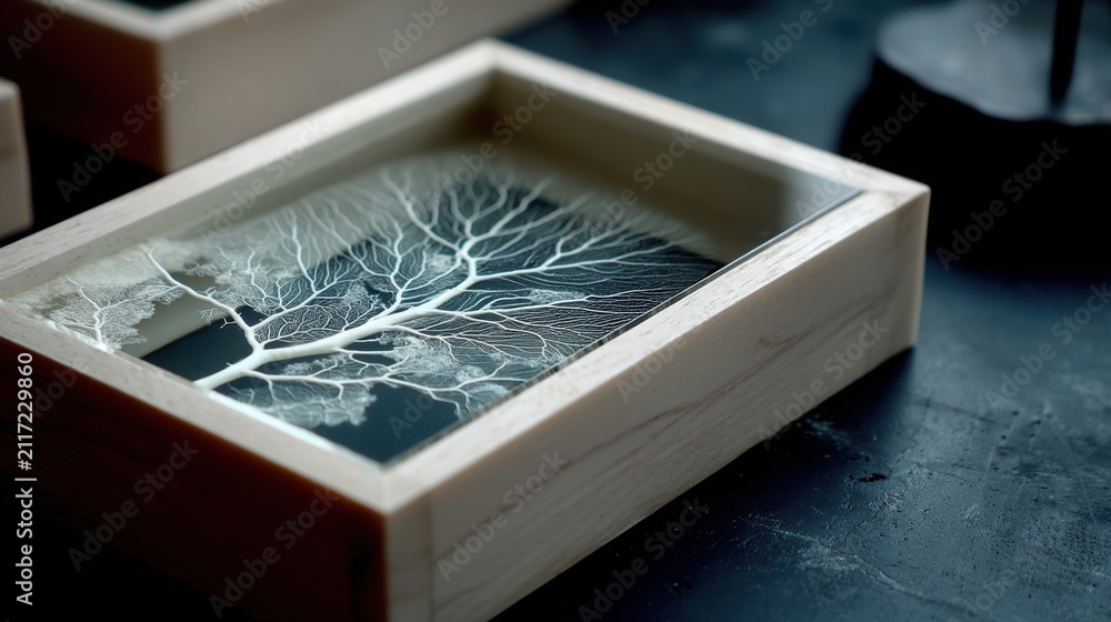 Fototapeta premium A wooden box with a glass front containing a white tree branch.