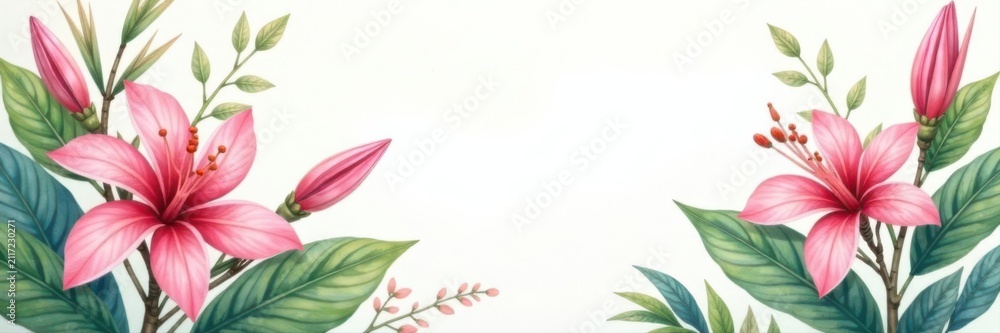 Fototapeta premium Delicate watercolor painting of tropical flowers, leaves, and buds , tropical, painting