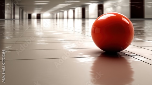 A red sphere sits on a tiled floor in a long hallway.