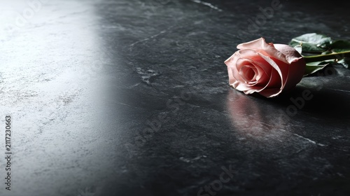 A single pink rose rests on a dark gray marble countertop.