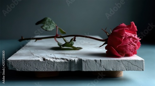 A single red rose with a green stem and leaves rests on a white marble slab.