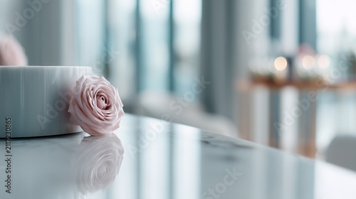 A pink rose on a white marble table.