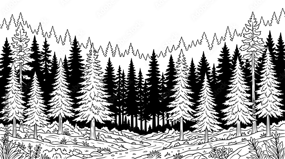 Fototapeta premium Pine Forest Landscape Line Art Illustration for Coloring Page