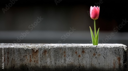 A single pink tulip stands out against a dark background.
