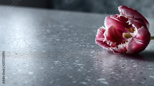 A single pink tulip with white petals and a yellow center rests on a gray countertop.