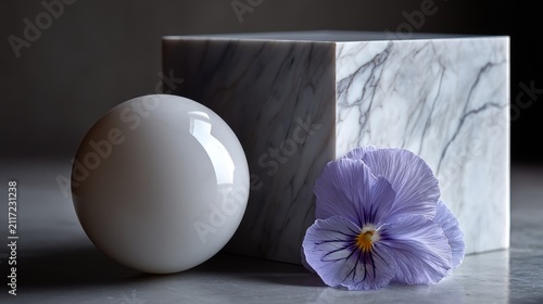 A still life composition featuring a white sphere, a marble cube, and a purple flower.