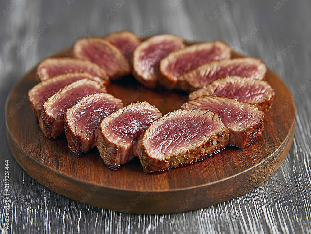 Obraz premium Appetizing sliced beef steak served on a wooden plate for a gourmet delight
