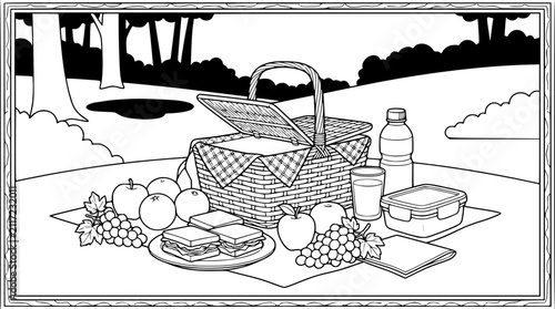Picnic basket with fruit and sandwiches coloring page for kids