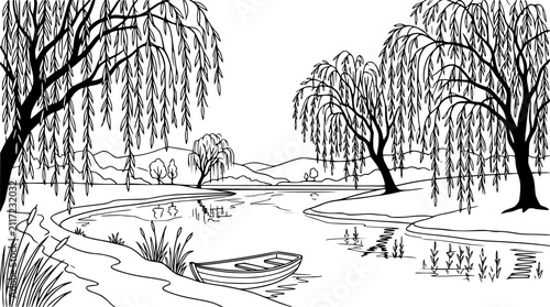 River Landscape Coloring Page with Boat and Weeping Willow Trees