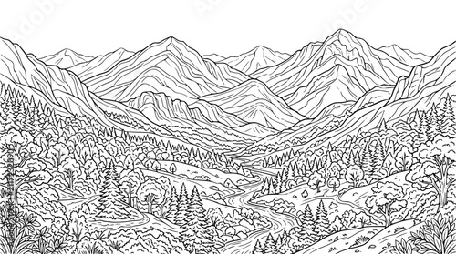 Scenic Mountain Range and Forest Valley Coloring Page