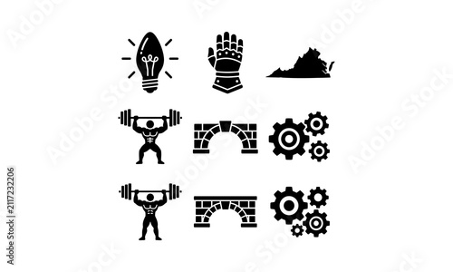 Black icon set featuring lightbulb, weightlifter, and gears.