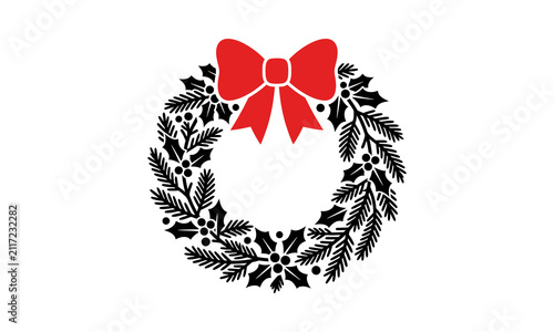Black silhouette of a Christmas wreath with a large red bow.