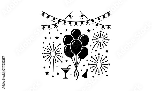 Celebration icons with balloons and fireworks.