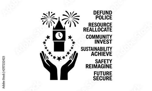 Community safety and police reform advocacy graphic with London clock tower.