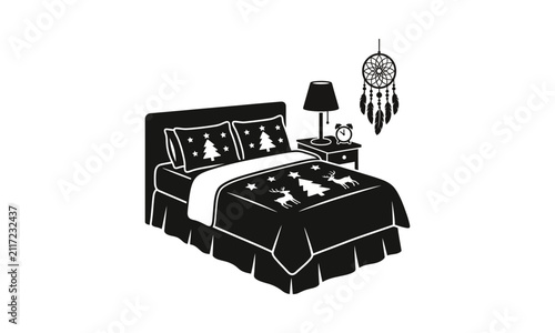 Cozy bedroom interior silhouette with holiday patterned bedding.