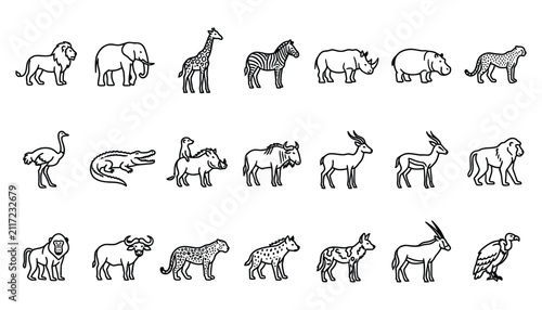 African Safari Savanna Wildlife and Zoo Animals Outline Vector Icons Collection