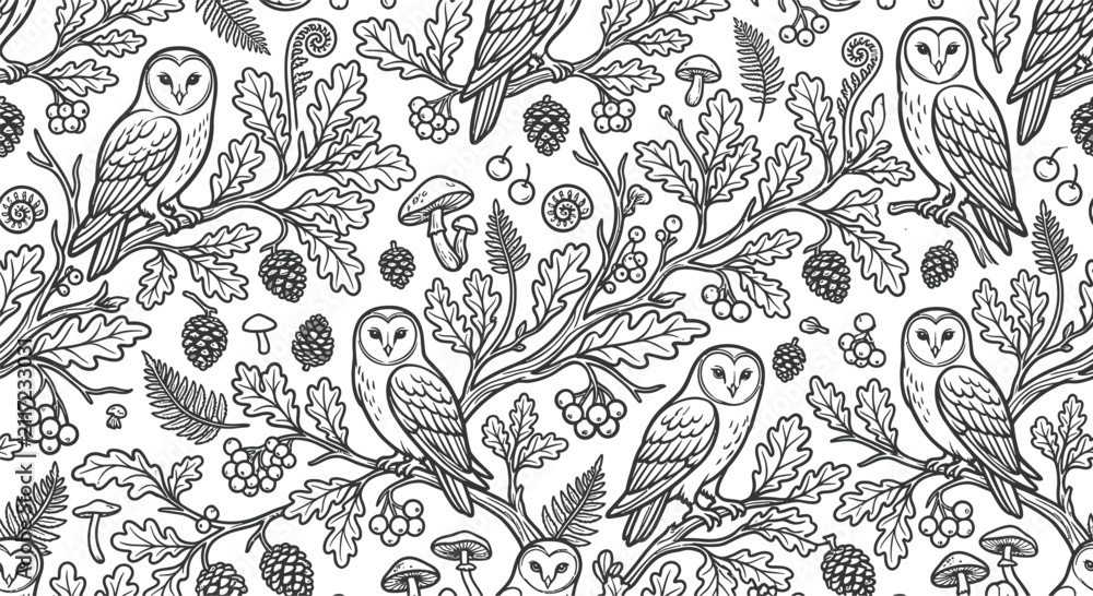 Fototapeta premium Seamless woodland pattern with graceful owls on branches, oak leaves, berries, pinecones, mushrooms, and fern leaves. Black and white flat vector illustration, thick clean outlines.