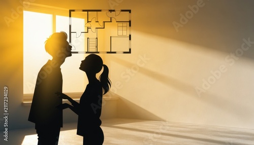 Silhouettes of two people looking at a house blueprint hanging on a wall