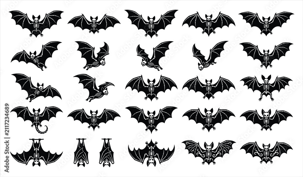 Fototapeta premium Set of black silhouette bats in various flying poses isolated on a white background for halloween holiday design projects