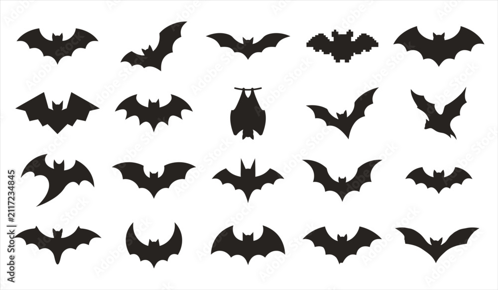 Fototapeta premium A collection of various black bat silhouettes isolated on a white background for creative halloween party decoration design projects