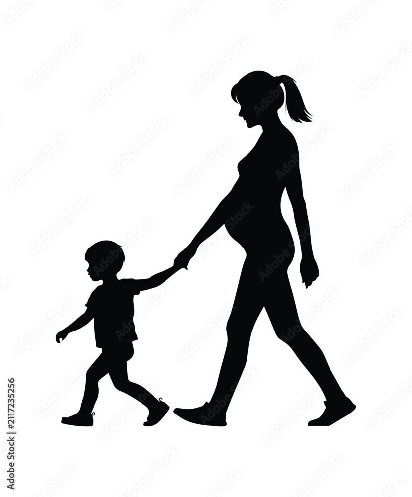 Obraz premium Mother silhouette icon pregnant woman walking holding hand
