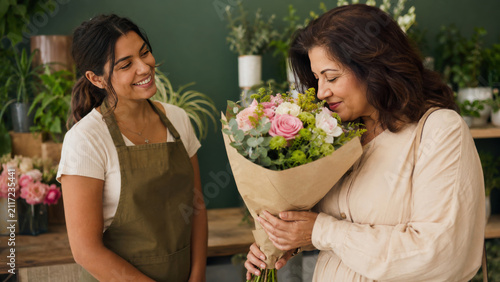 Happy woman smelling bouquet with smiling florist feeling joyful