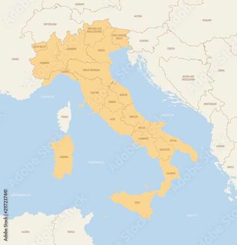 Map of administrative regions of Italy with borders of Southern Europe countries, editable detailed vector illustration