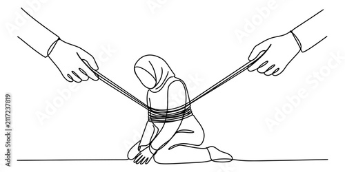 Foto Continuous line drawing of a sad woman in a hijab tied up with ropes by large ha