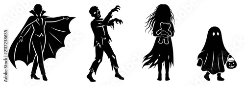 Canvastavla halloween silhouettes of vampire zombie girl with teddy bear and child ghost cos